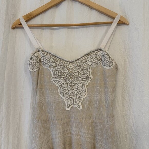 Free People Size Medium Beaded Embroidered Lace Mini Dress Dainty Lace Beige - Picture 2 of 13